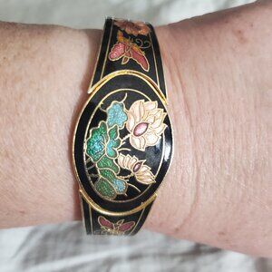 Vintage Black with peach Gold Enamel Cloisonne Hinge Bracelet